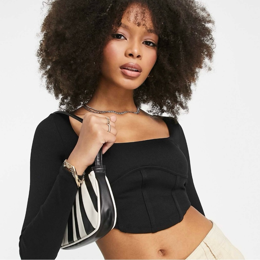 Pull&Bear Black Long Sleeve Corset Detail Crop Top